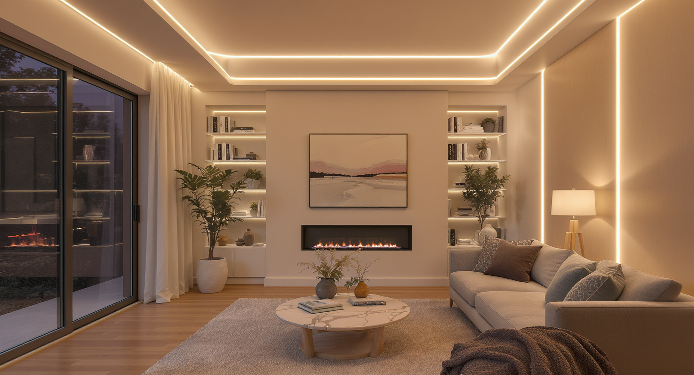 Modern living room at dusk with soft white LED strip lighting hidden behind ceiling coves and shelves, softly illuminating books and art.