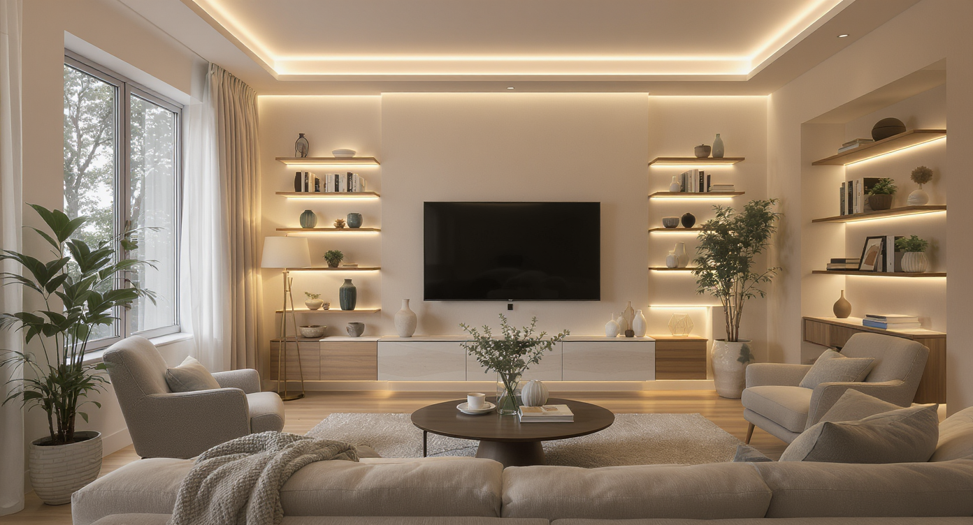 Photorealistic modern living space with layered LED lighting, recessed ceiling lights, shelf accent strips, and a glowing floor lamp for balanced ambience.