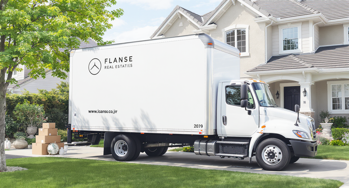 A clean box truck with a subtle branded wrap is parked at a stylish suburban home, with moving boxes and decor nearby, under natural daylight.
