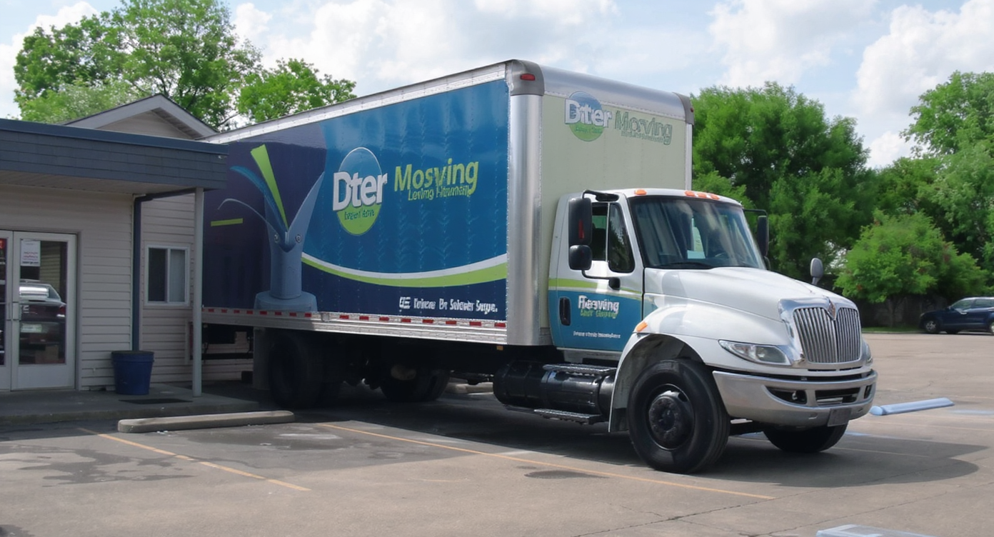 A worn branded moving truck in a secured lot with open cab, maintenance tools, scattered packing materials, and insurance documents visible nearby.