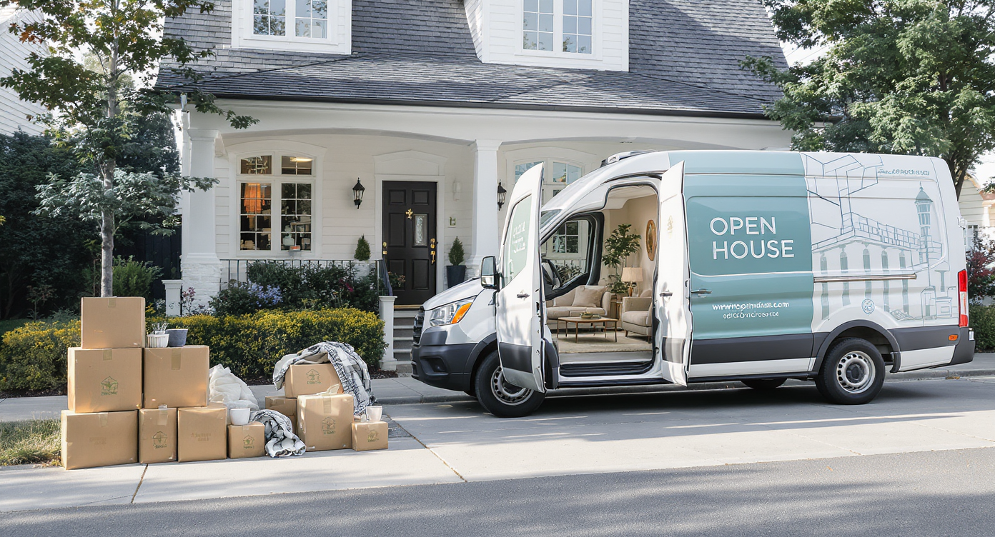 A realistic open house scene with a branded moving van parked outside, staged furniture visible inside, and organized moving kits on the curb.
