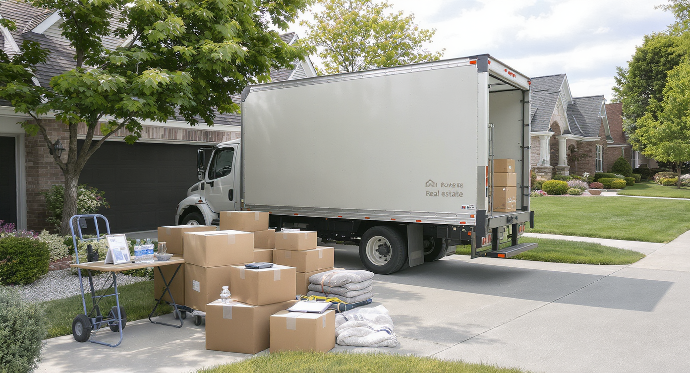 Tastefully branded box moving truck with moving supplies on a suburban driveway, indicating its use for real estate clients and community events.