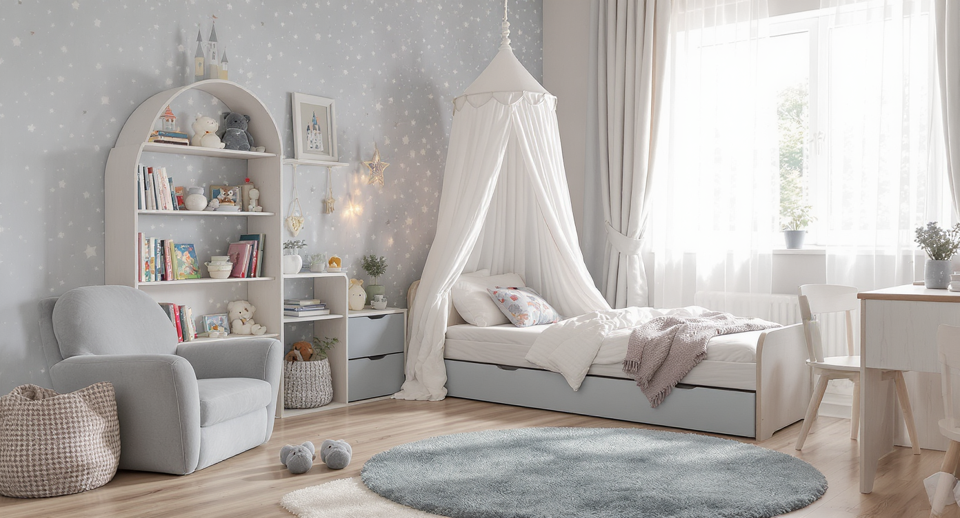 A storybook-themed children's room with a low bookshelf, washable seating, under-bed storage, built-in guest bed, and whimsical decor.