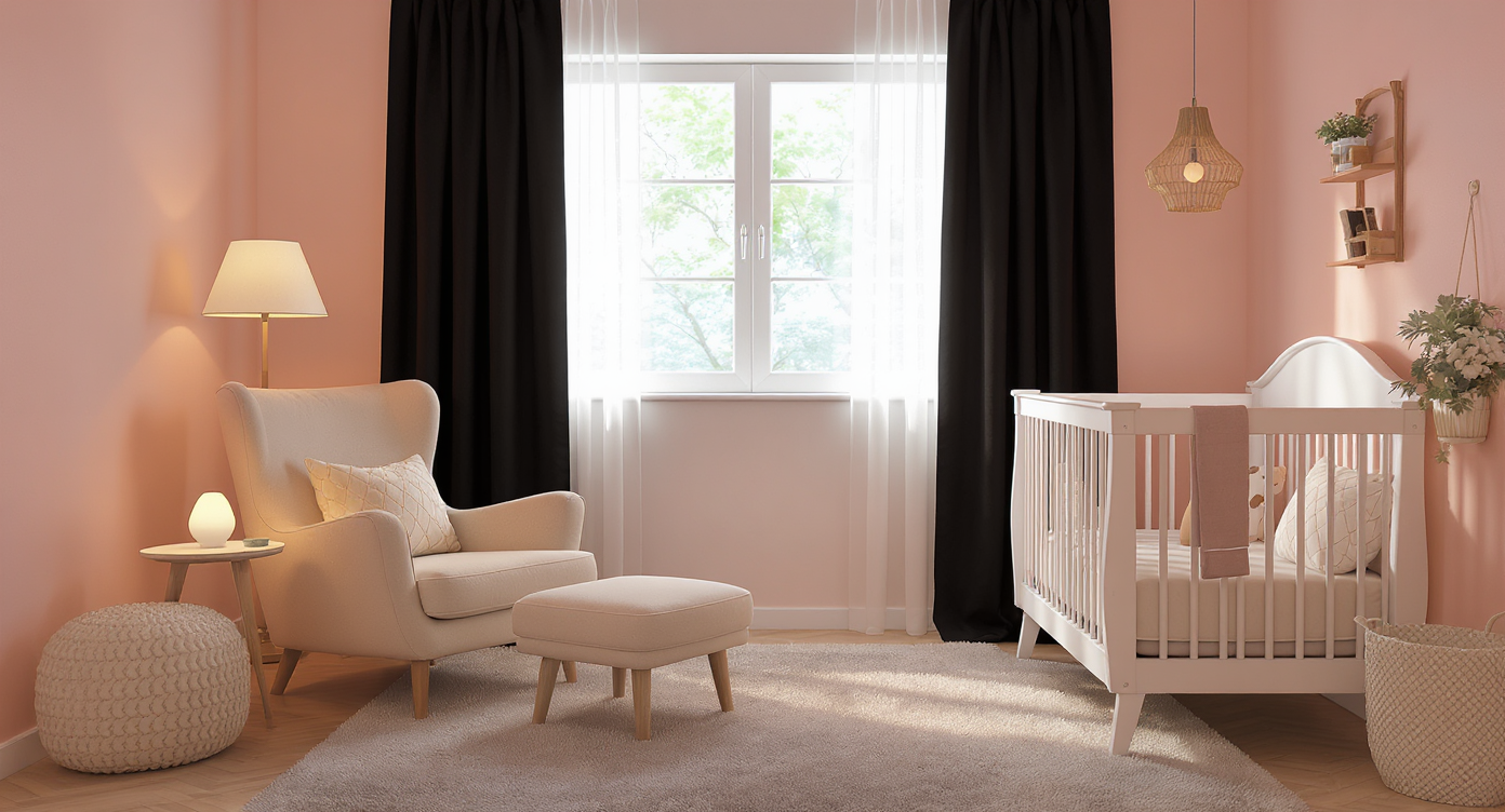 A realistic nursery with a plush armchair, ottoman, crib, blackout curtains, and calming pastel walls, designed for caregiver and child comfort.