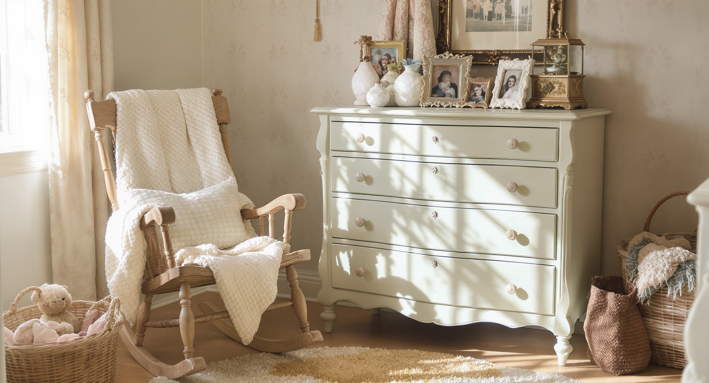 Cozy nursery corner with a hand-carved rocking chair, upcycled vintage dresser, family photos, and heirloom objects under natural daylight.