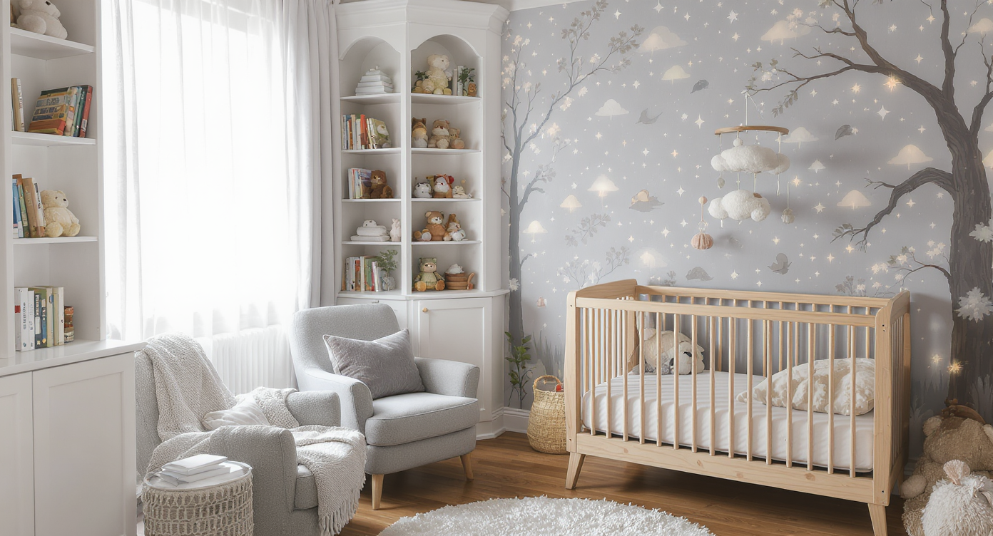 Sunlit fantasy-inspired nursery corner with bookshelves, cozy armchair, woodland wallpaper, wooden crib, and plush toys in a calming, realistic setting.