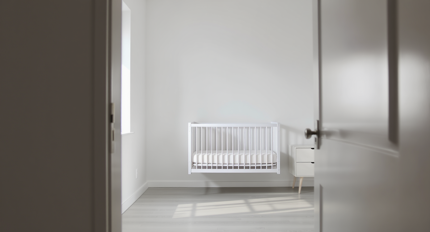 A small, realistic nursery with a crib centered on the main wall and a dresser floating slightly from a side wall, ensuring an open feel.