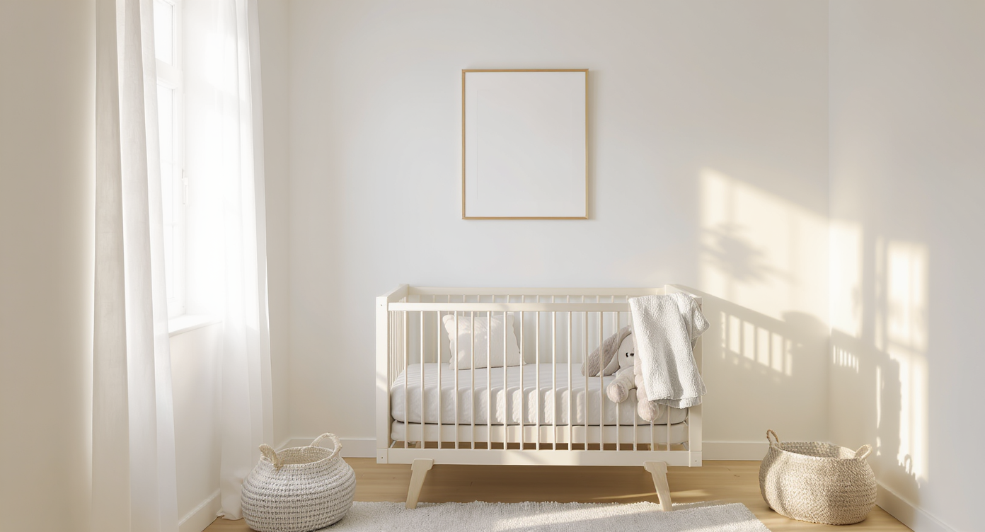 A small, sunlit nursery with warm white walls, pale bedding, sheer white curtains, a single plush toy, and one neutral framed print.