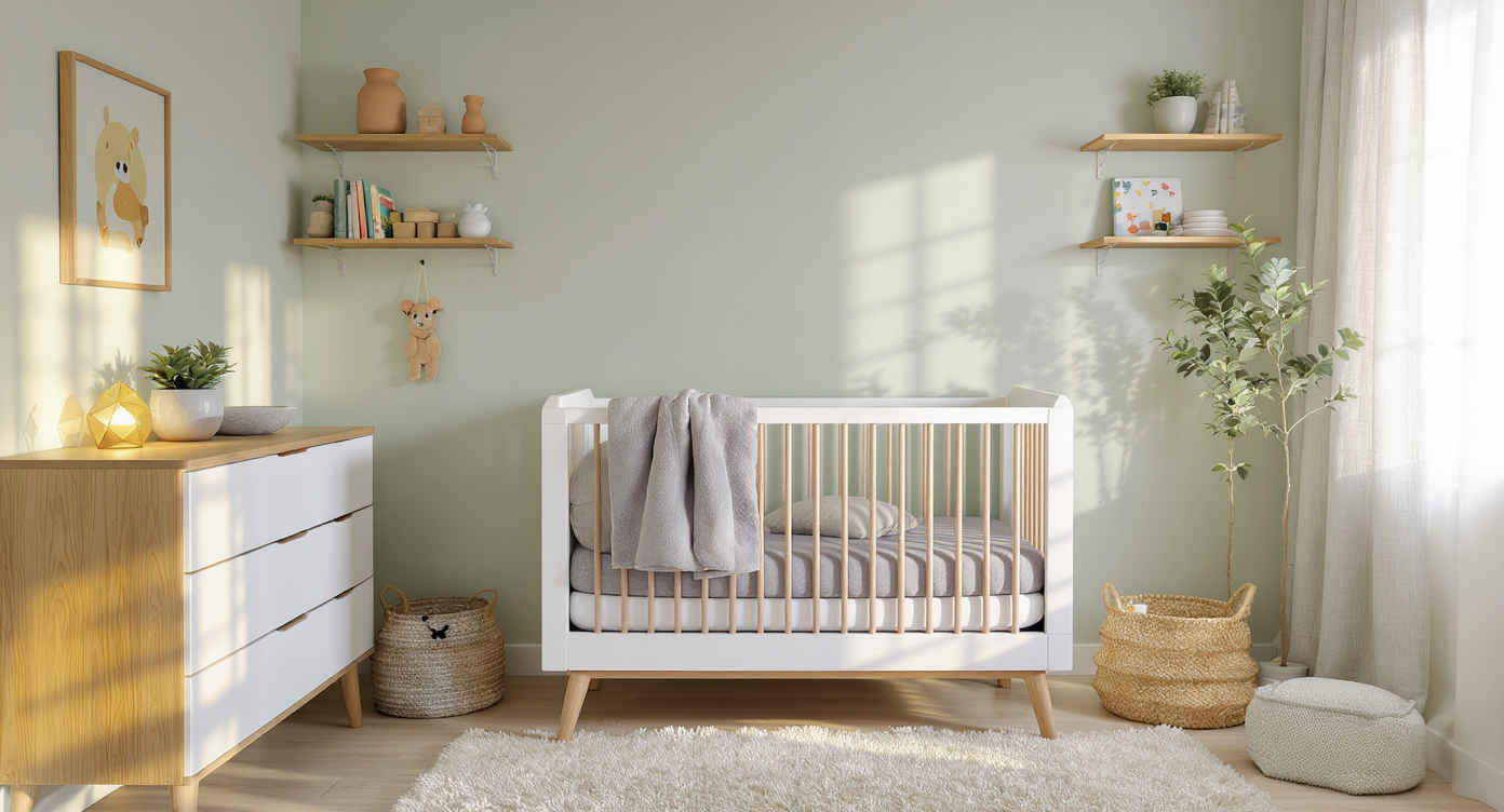 Expertly staged small nursery with a white crib, dresser, soft pastel decor, sunlight, and smart organization; no humans visible anywhere.