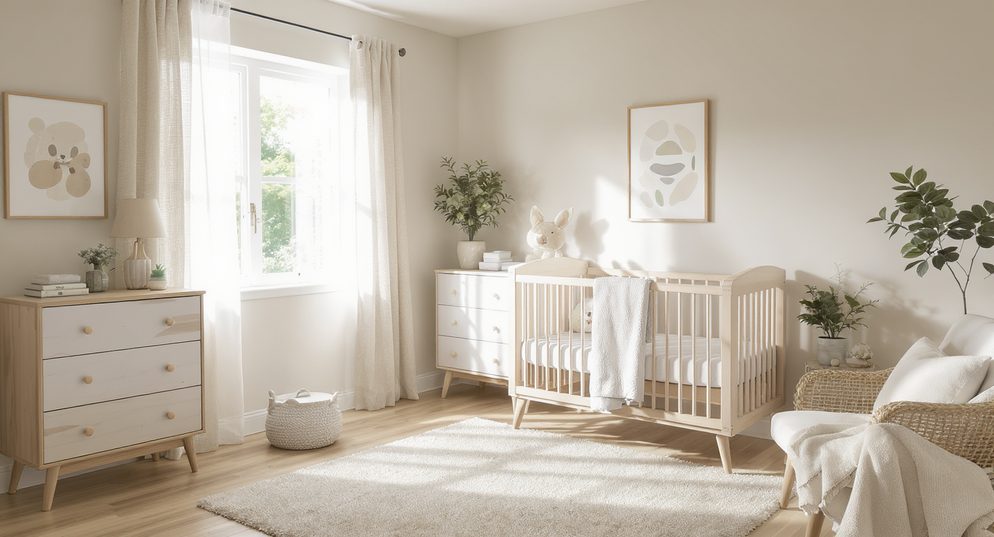 Photo of a small nursery staged for real estate photos: centered rug, crib near window, minimal neutral dresser, single art piece, no clutter.