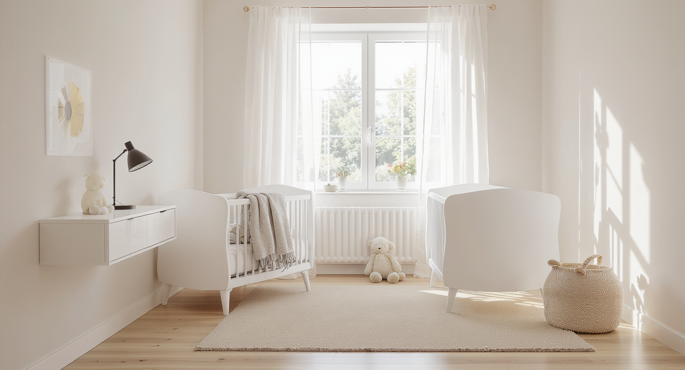 Sunlit, compact nursery with a modern crib, beige rug, plush lamb toy, and minimalist lamp, showcasing clear walkways and neutral decor.