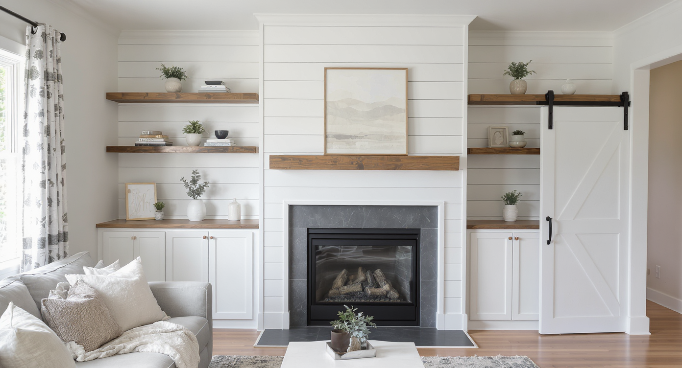 A modern living room with extensive white shiplap walls, open wood shelves, and a sliding barn door, showcasing shiplap’s widespread use.