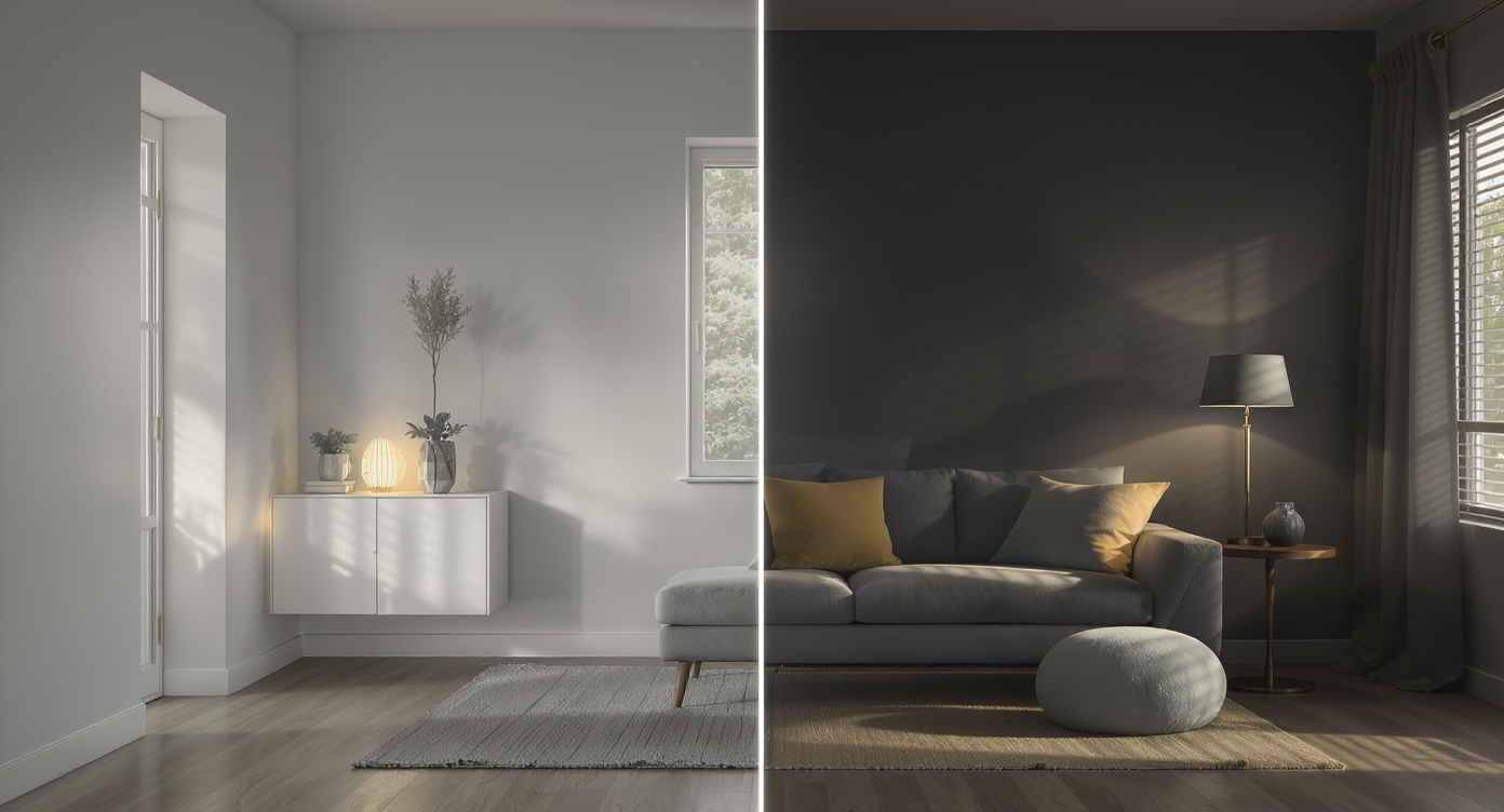 A split-scene interior contrasts original shiplap in a farmhouse with new, out-of-place shiplap in a modern loft, emphasizing thoughtful installation.