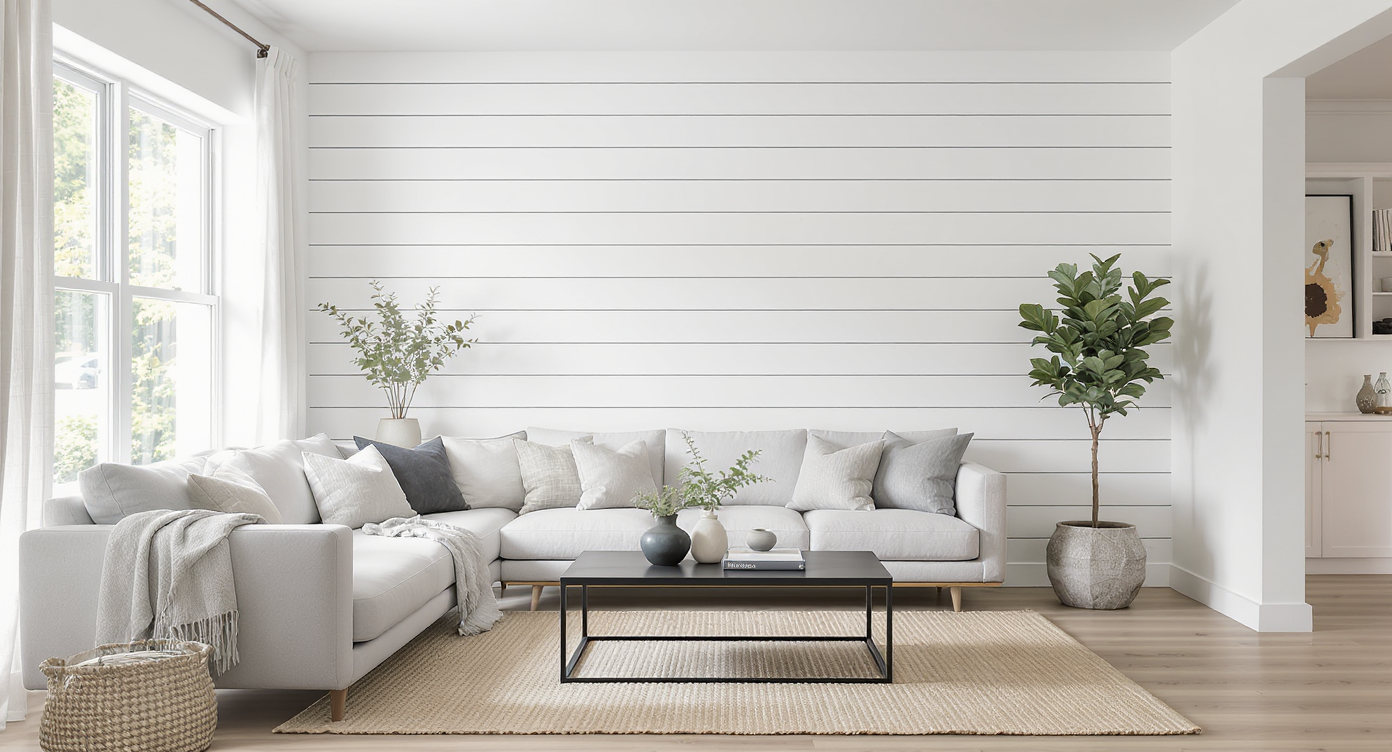 A photorealistic modern living room with a white shiplap accent wall and contemporary furnishings, highlighting shiplap’s role in stylish homes.