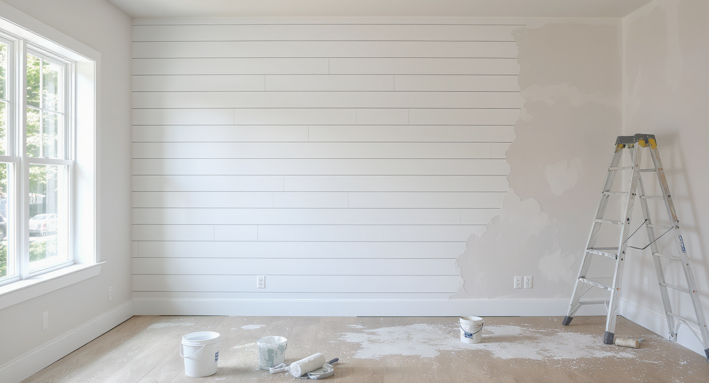 Photorealistic living room with one wall covered in white shiplap panels, adjacent to an unfinished drywall wall and renovation tools present.