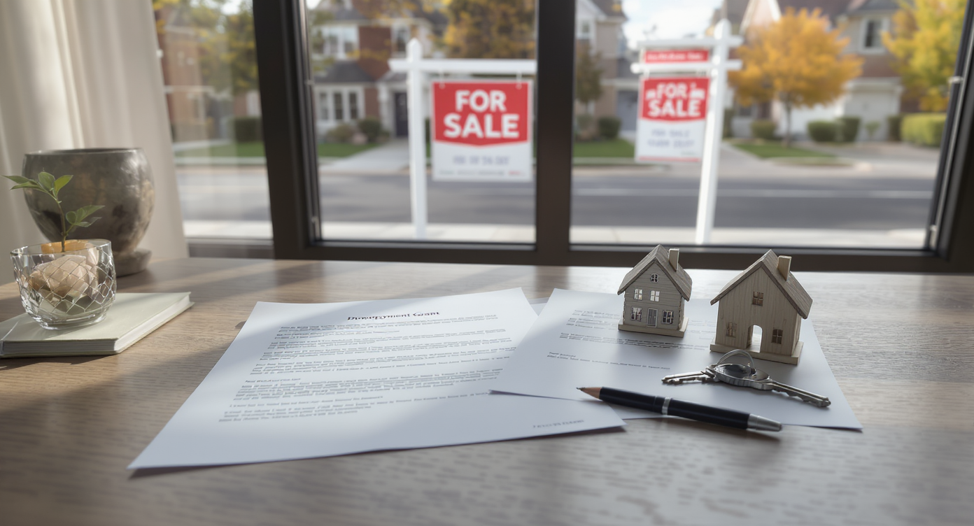 Modern living room with policy documents, house keys, a model home, and a for-sale sign outside, illustrating real estate policy impact.