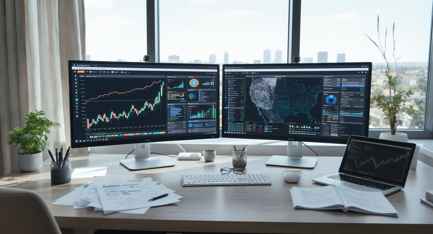 A modern desk set up with dual screens showing real estate market forecasts, printed reports, a U.S. housing map, and housing strategy notes, all in natural light.
