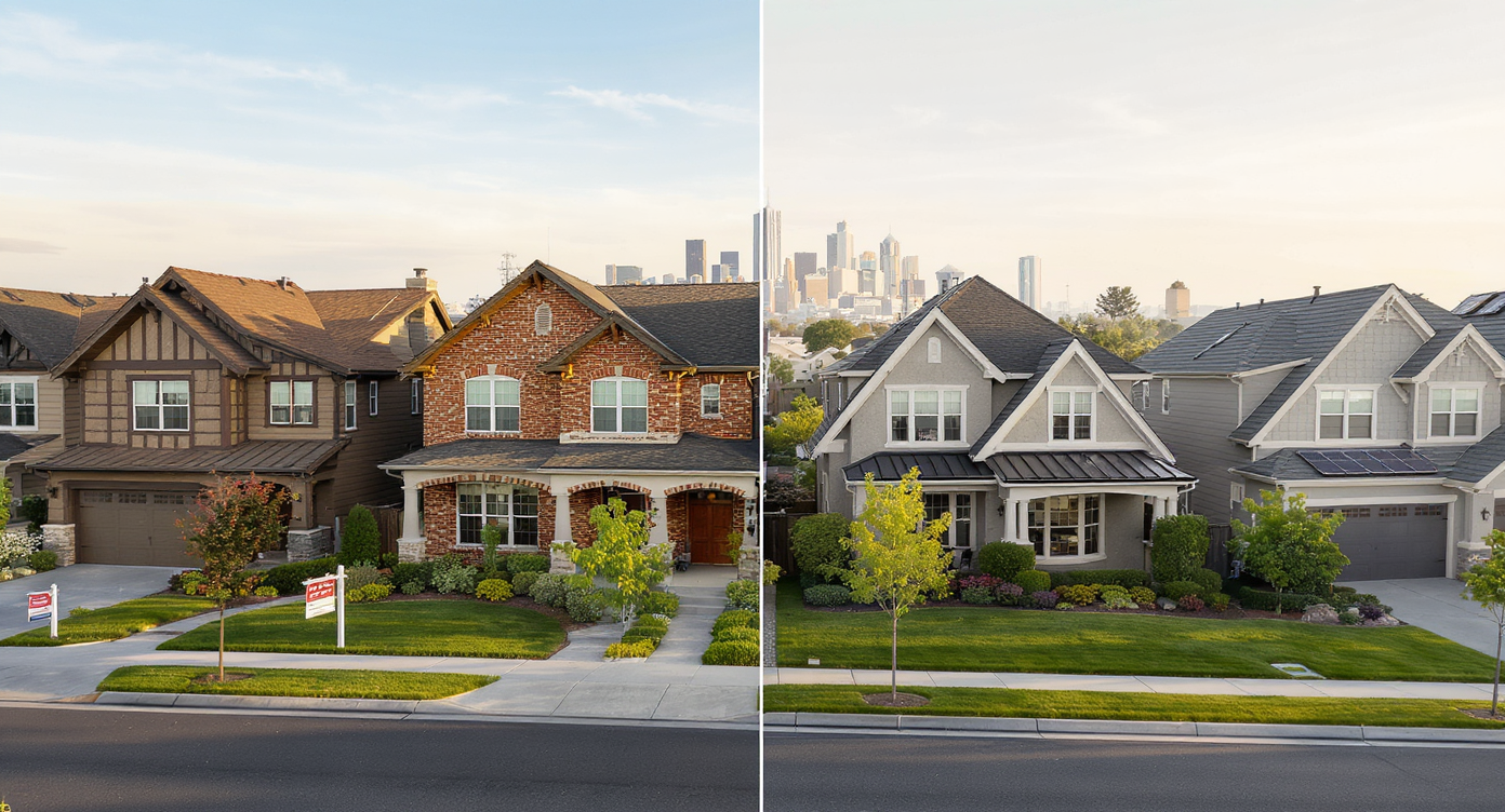 Realistic wide-angle view of four American suburban homes from different eras, showcasing 20 years of changing real estate design and trends.