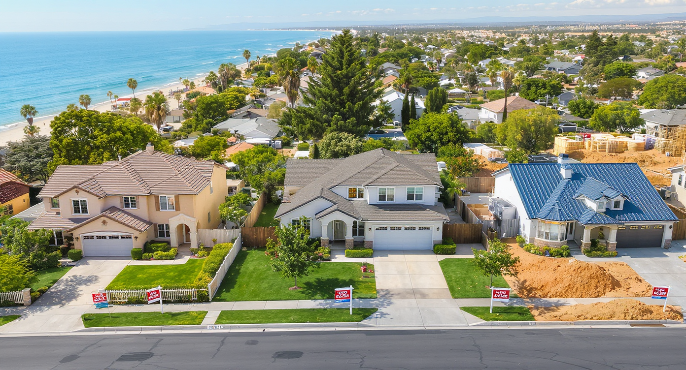 Aerial view of coastal, suburban, and rural neighborhoods side by side, all showing high-priced "For Sale" signs and signs of recent development.