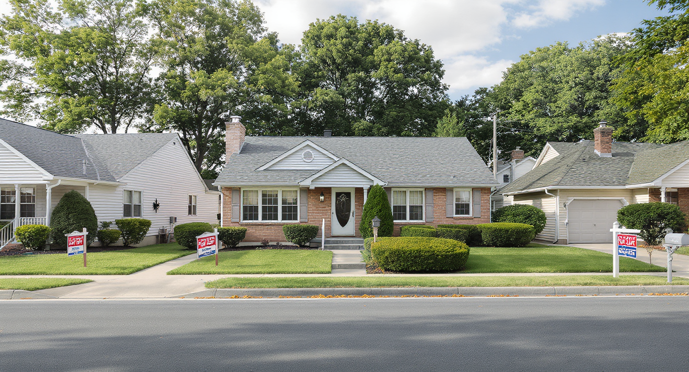Suburban street with single-family homes, most displaying uniform 'For Rent' signs, showing institutional ownership, no people or cars present.