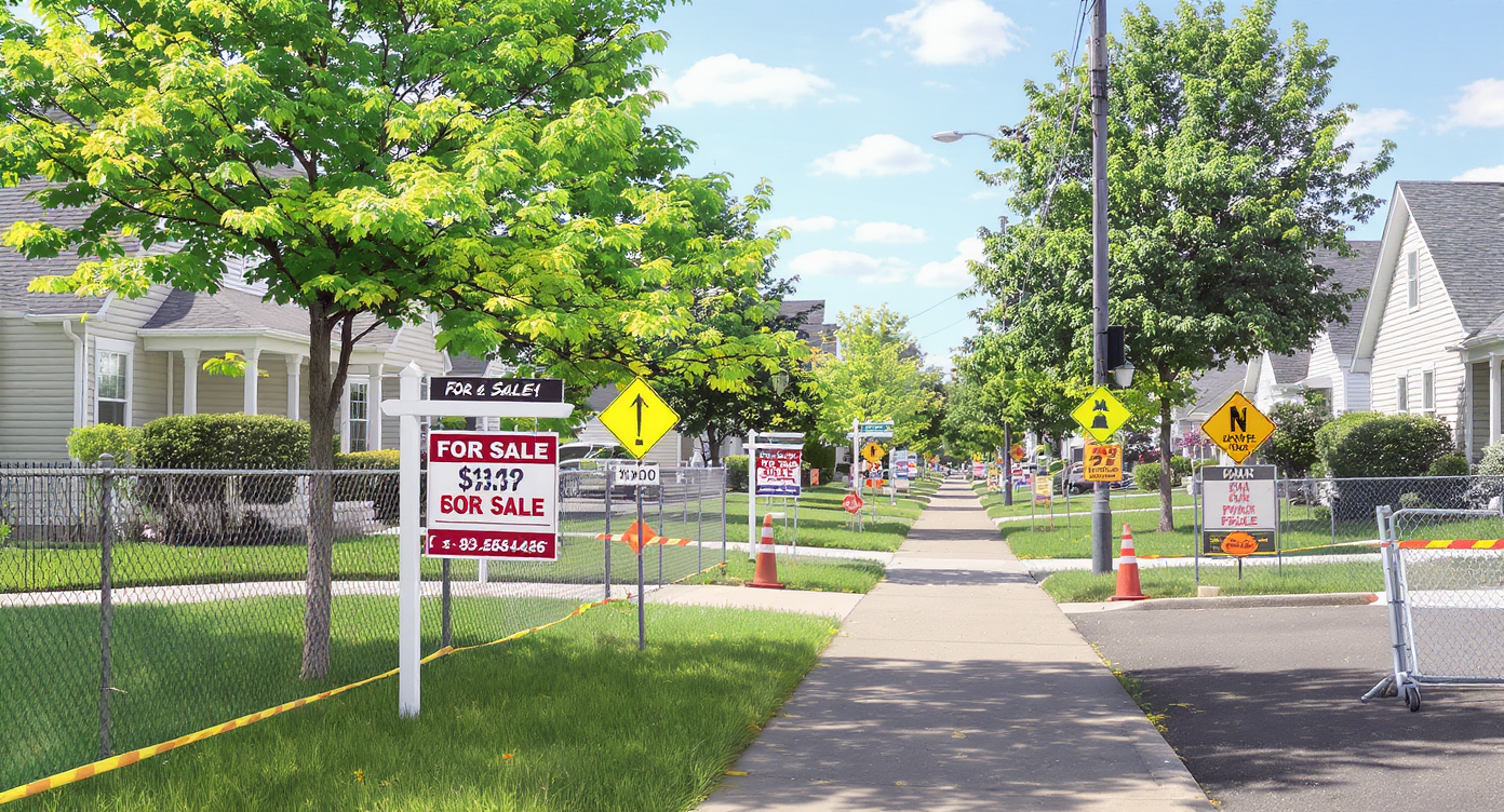 Photorealistic suburban street with sparse homes, undeveloped lots, idle construction equipment, and for-sale signs with multiple offer notices.