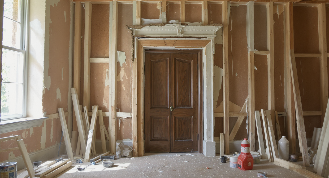 A vintage hidden door partially restored in a load-bearing wall, surrounded by classic woodwork and exposed structural supports, in natural daylight.