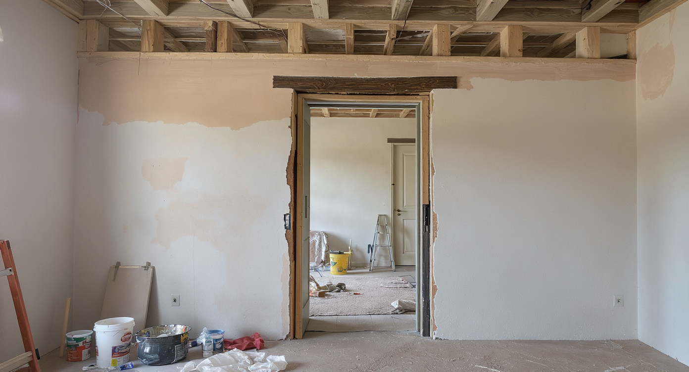 A partially exposed historic doorway in a thick interior load-bearing wall, with structural supports visible, removed stud, scattered tools, and a clear path for restoration.