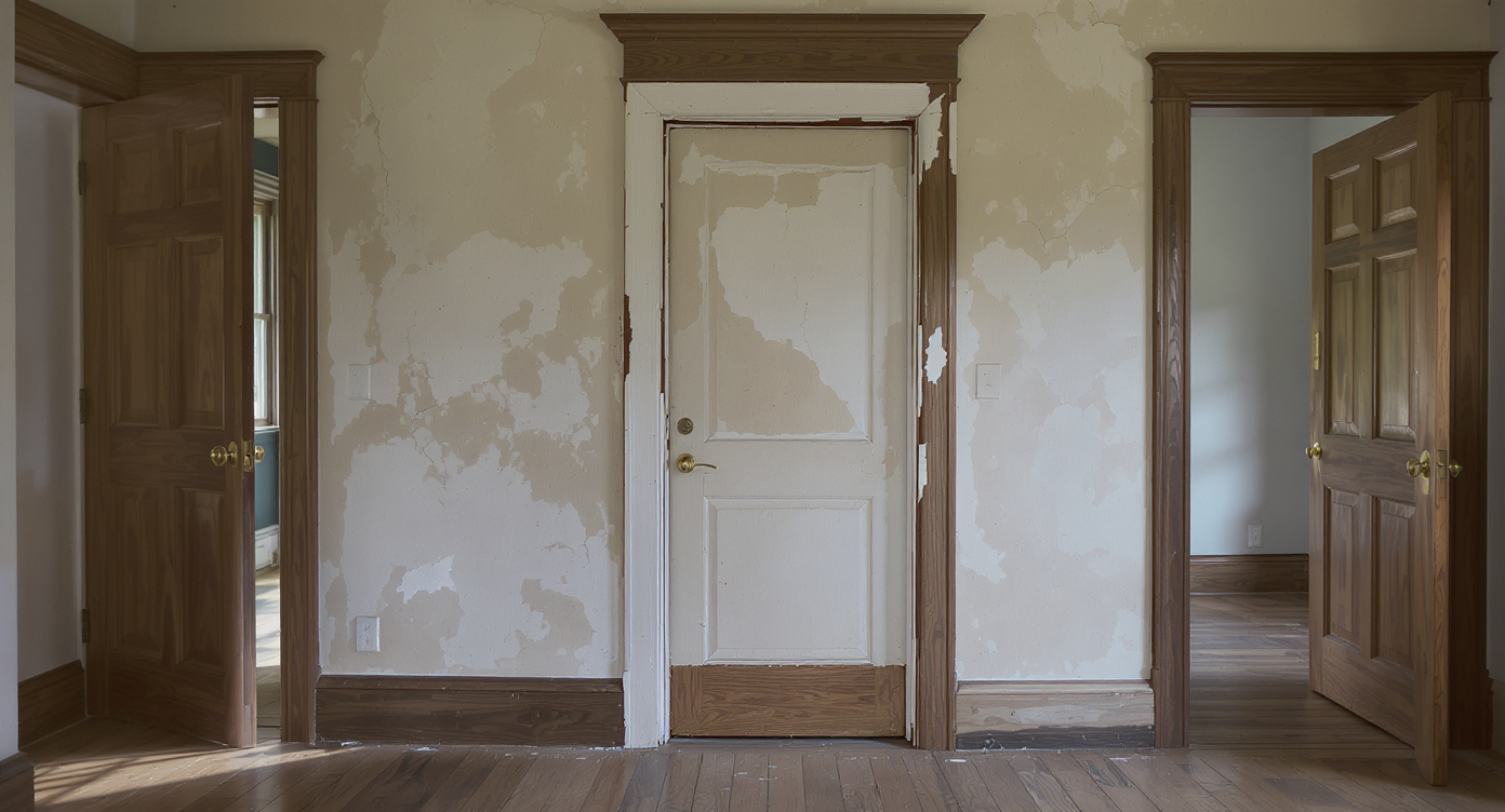 A realistic interior view of an older home's wall with clear patched marks and trim indicating a closed-off doorway, highlighting vintage features.