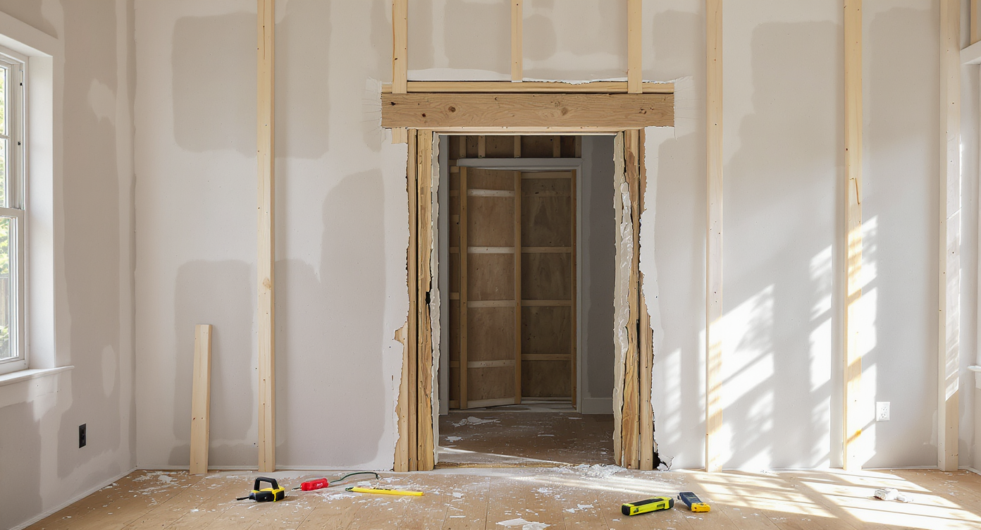 A load-bearing wall with part of the drywall removed, exposing studs, a header beam, and tools lying nearby, demonstrating assessment process.