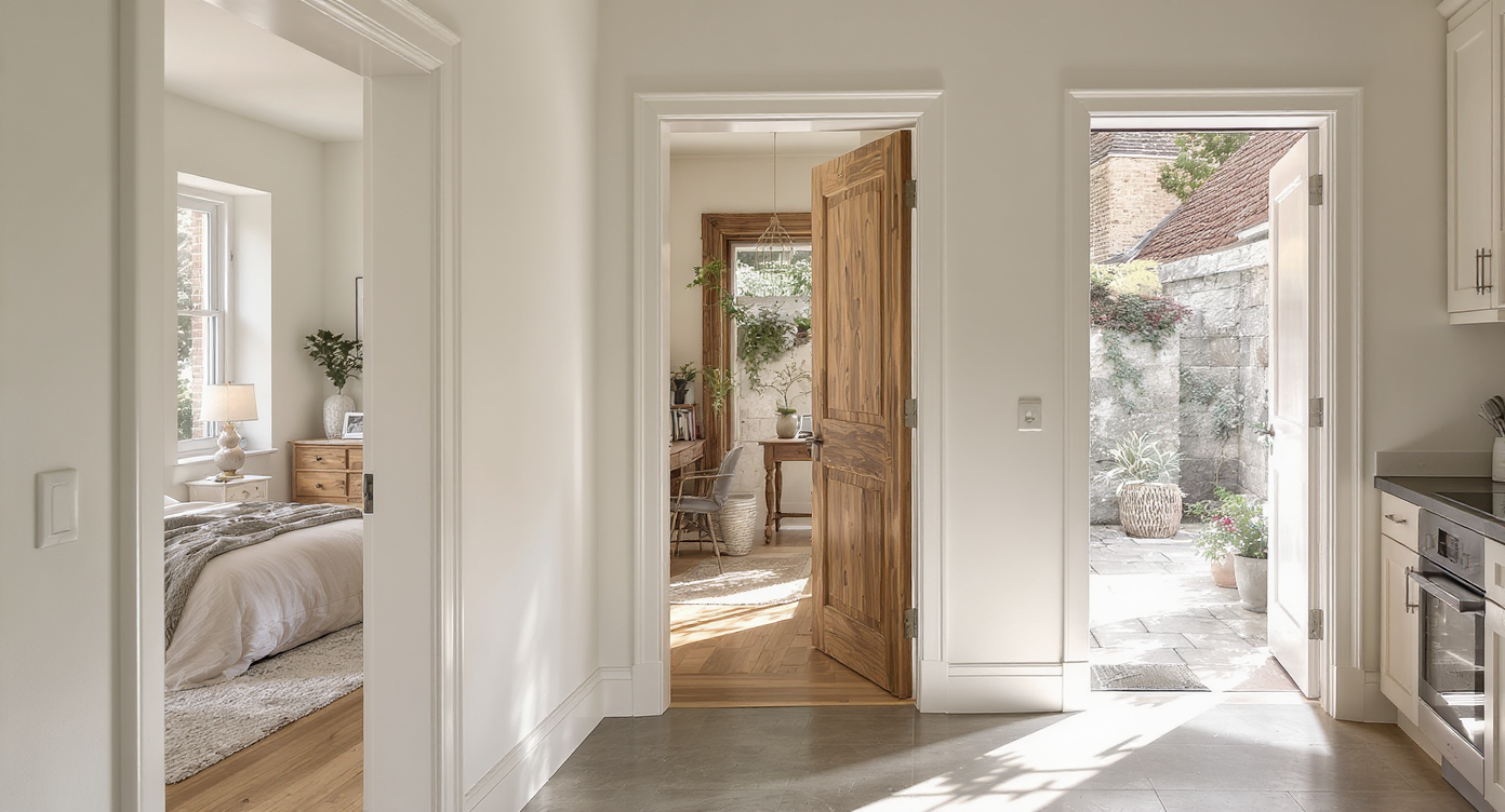 Realistic image of a hallway linking guest bedroom, home office, and kitchen to an outdoor patio, all via restored vintage doors.