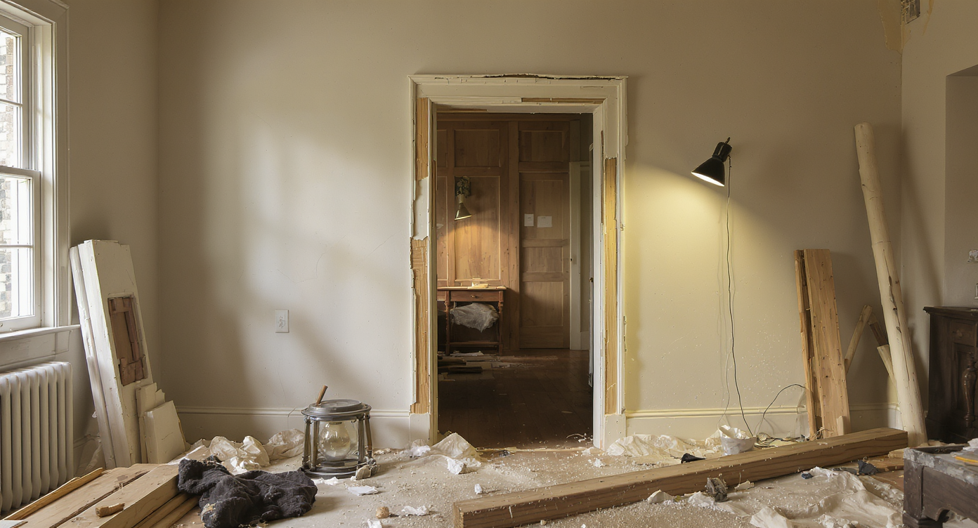 A highly realistic interior scene showing a partially revealed hidden door in a classic home’s load-bearing wall, with subtle demolition signs and structural supports.