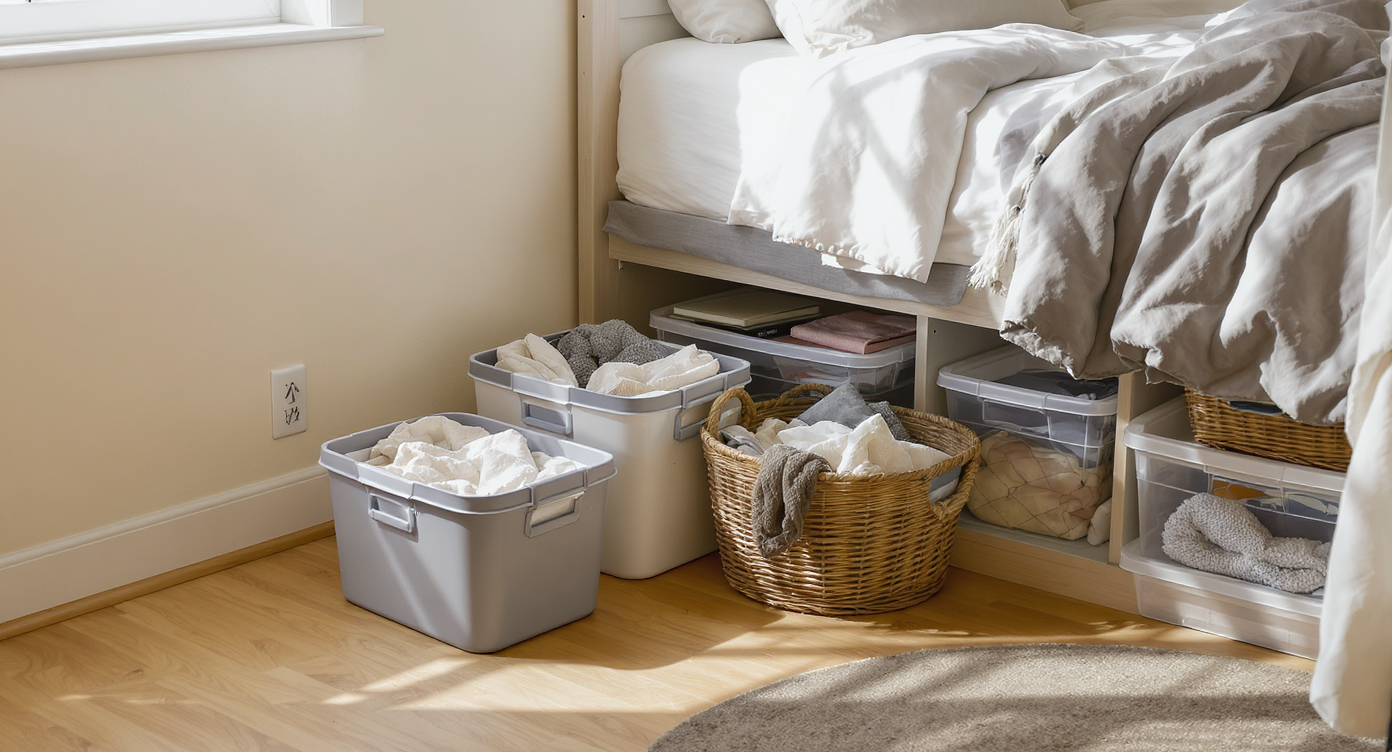 A bedroom in mid-declutter: labeled bins, baskets, and under-bed storage contain grouped items, creating a calm, organized atmosphere.