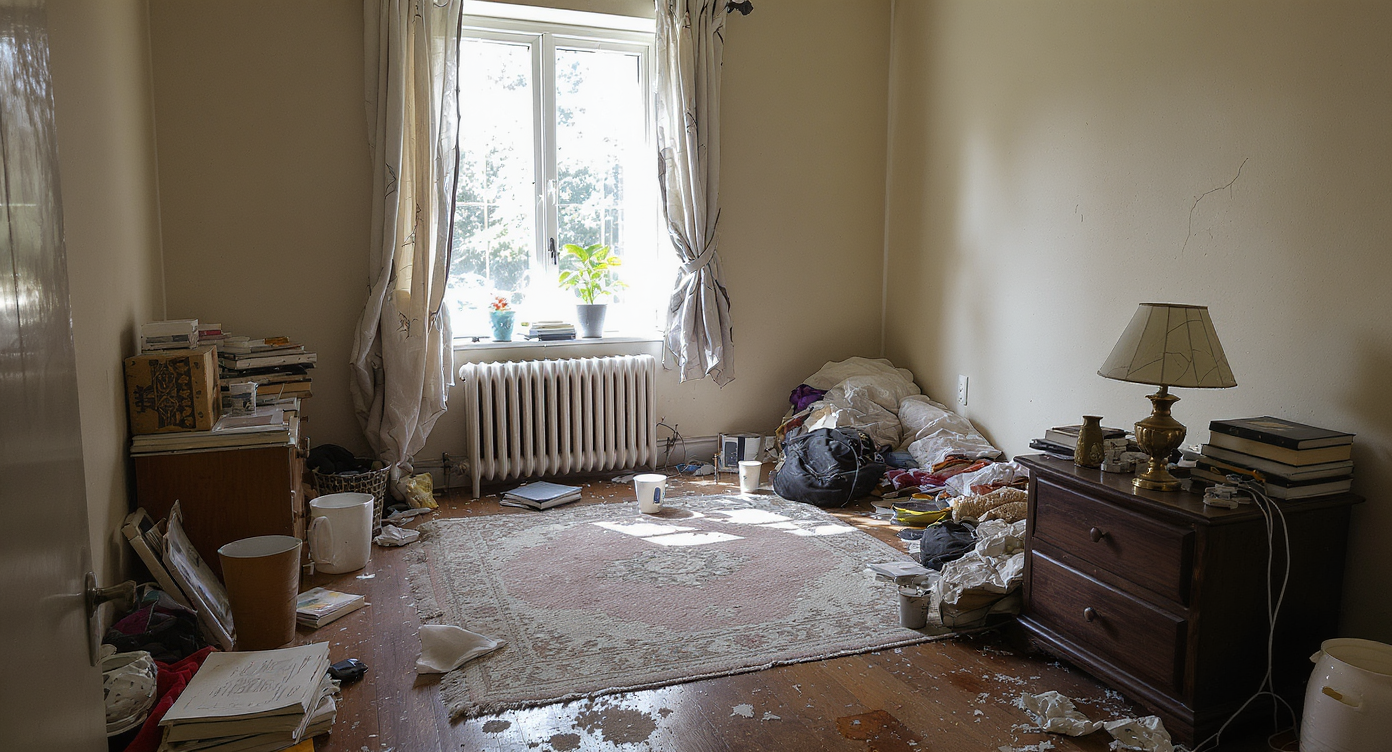 Photo-realistic room with mismatched rug and curtains, cluttered side table, bare corners, and daylight showing a lived-in, neglected space.