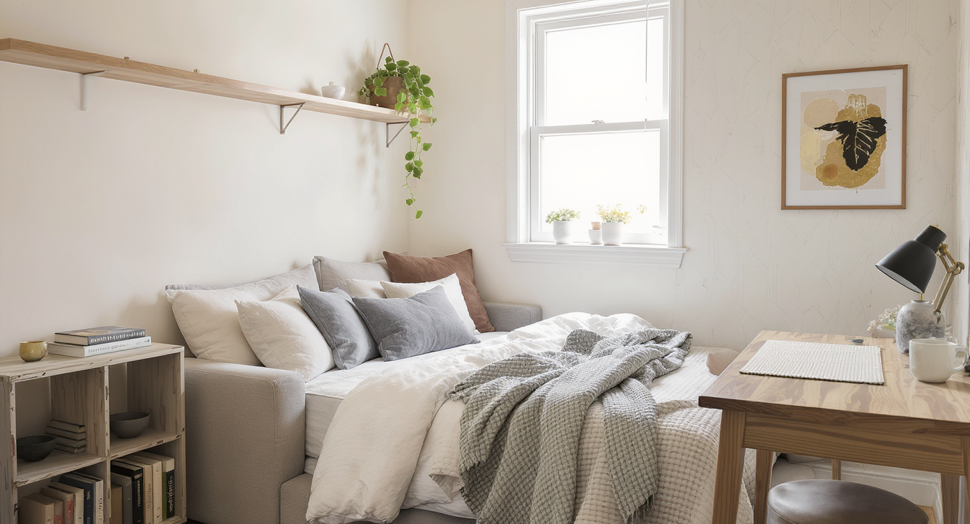 A realistic bedroom corner with a bed as a sofa, modular cube storage, thrifted nightstand, floating shelf with a pothos, and renter-friendly wallpaper.