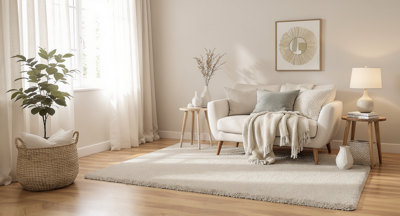 A cozy, sunlit room with a modern armchair, soft rug, side table with lamp, plants, and warm decor, transformed into a personal retreat.