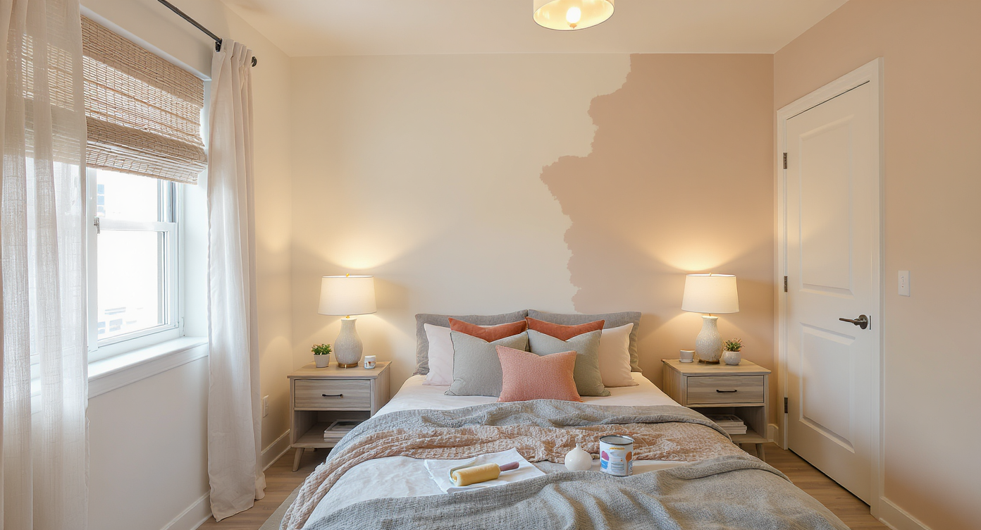 A sunlit small room with off-white and sand-blush painted walls, warm layered lamps, light linen curtains, and cozy rust, sage, and neutral textiles.