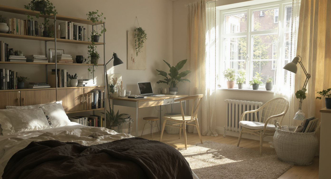 A photorealistic compact studio shows a cozy bed behind open shelves with books and plants, sunlit desk by window, distinct kitchen, and vintage lamp-lit armchair.