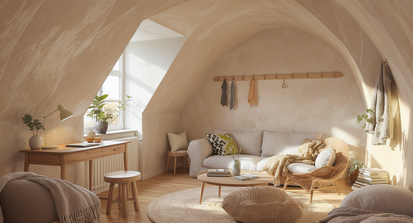 Sunlit studio with angled alcoves, a writing desk in the brightest corner, books under a window, and textiles hanging on archway hooks.