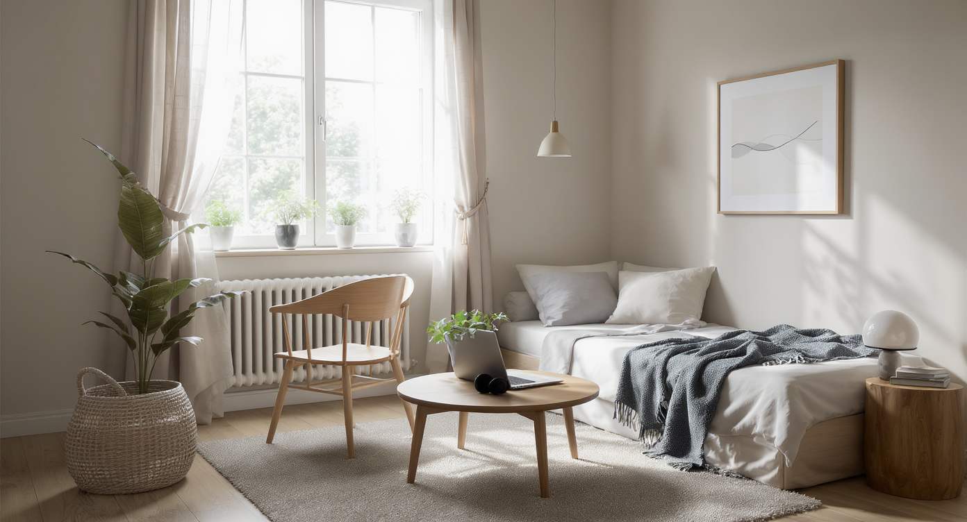 A sunlit compact apartment corner with only a bed, a portable desk, a daybed with storage, and a tidy coffee table, showing a flexible, minimal layout.