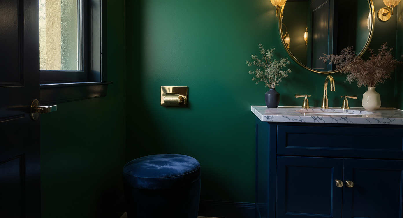 Moody powder room with emerald green accent wall, black painted surrounds, jewel-toned vanity, and gold metallic accents in photorealistic detail.
