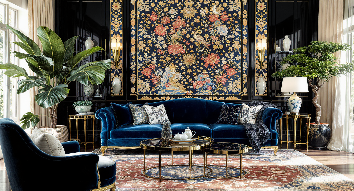 Ultra-realistic glam Asian maximalist living room with velvet sofa, chinoiserie wallpaper, gold accents, lacquer cabinets, and eclectic decor.