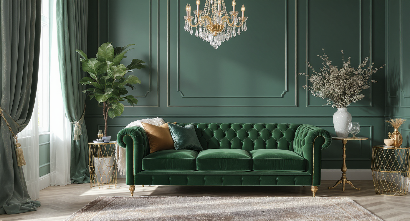Emerald velvet tufted sofa, crystal chandelier, brass-trimmed mirrored table, and jewel-tone drapes create a balanced, glamorous living space.