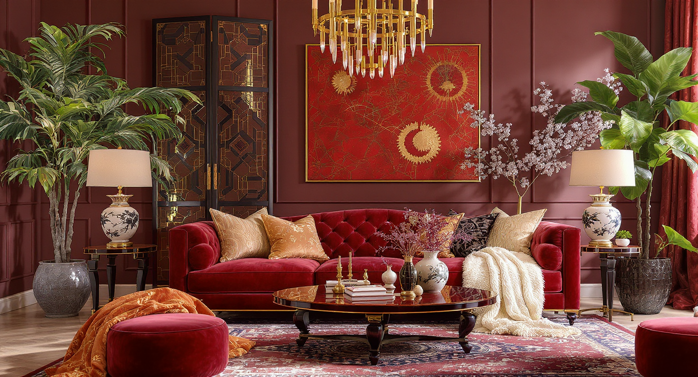 Luxurious maximalist glam-Asian living room corner with jewel-toned velvet sofa, ornate patterns, gold accents, and eclectic Asian-inspired decor.