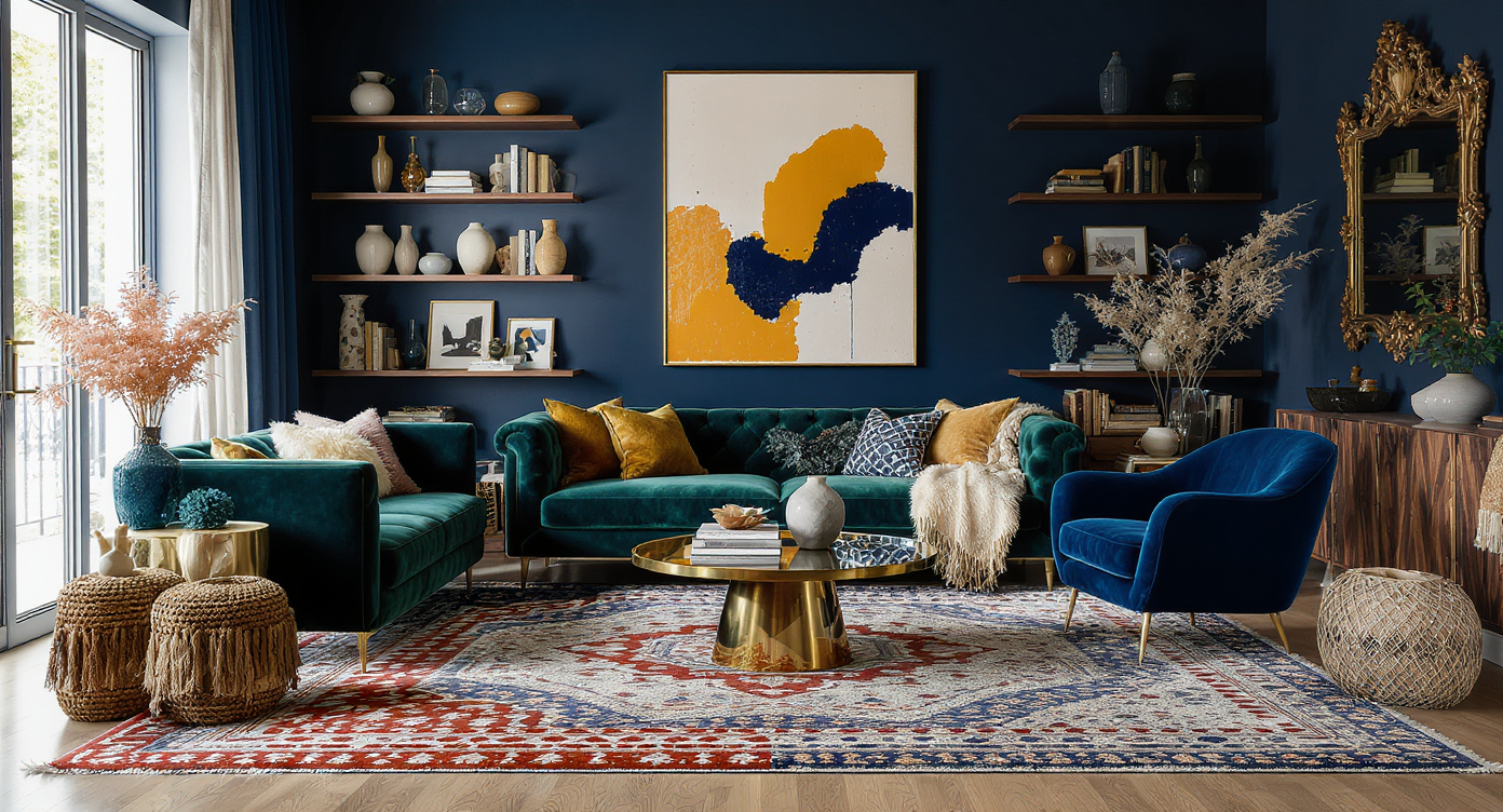 A photorealistic living room with overlapping patterned rugs, jewel-toned furniture, eclectic art, ceramics, and baroque mirrors arranged in maximalist style.