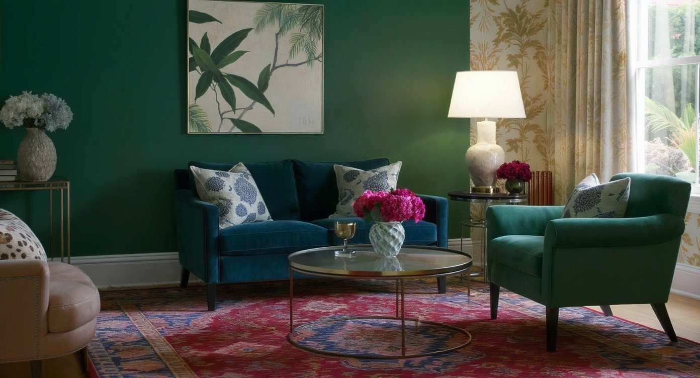 Eclectic living room corner: dark green wall, Persian rug, patterned pillows (leopard print, chinoiserie), and chinoiserie wallpaper, all in balanced color tones.