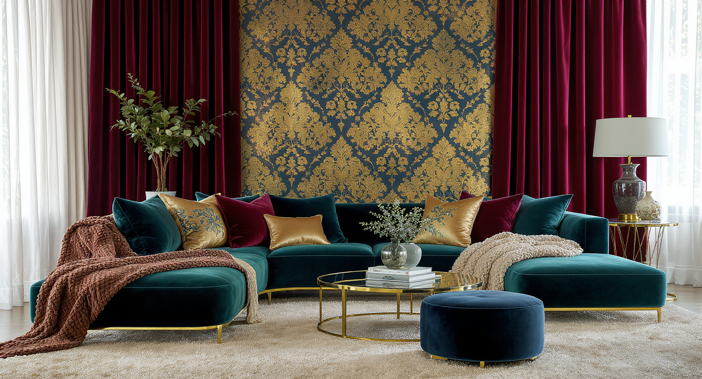 Plush low velvet sectional with layered pillows, oversized throws, ornate wallpaper, and circular seating arrangement in a glam-Asian style living room.