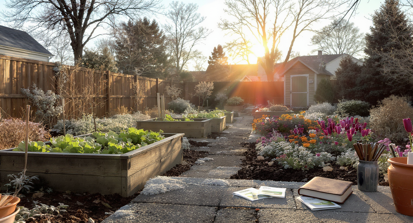 Frost-dusted raised garden beds, dormant flowers and gardening tools at sunrise, highlighting a cold snap in an early spring backyard scene.