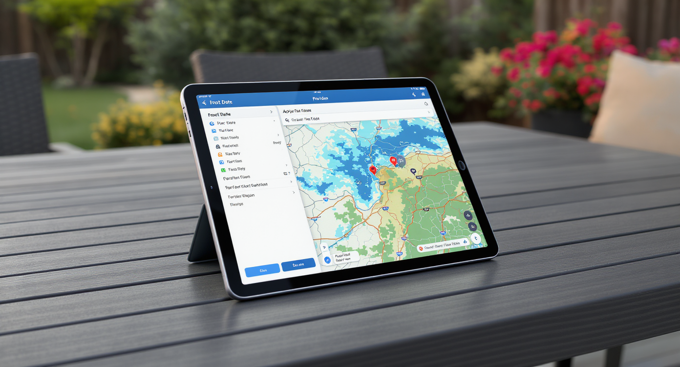 A photorealistic backyard patio displays a tablet with a digital frost date tool, overlooking raised beds, a greenhouse, and regional crops in morning light.