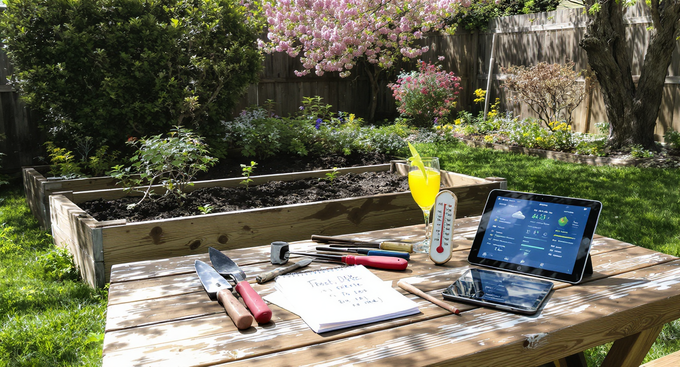 Sunlit backyard garden with raised beds, gardening tools, handwritten frost date notes, a thermometer, and a tablet displaying a weather app.