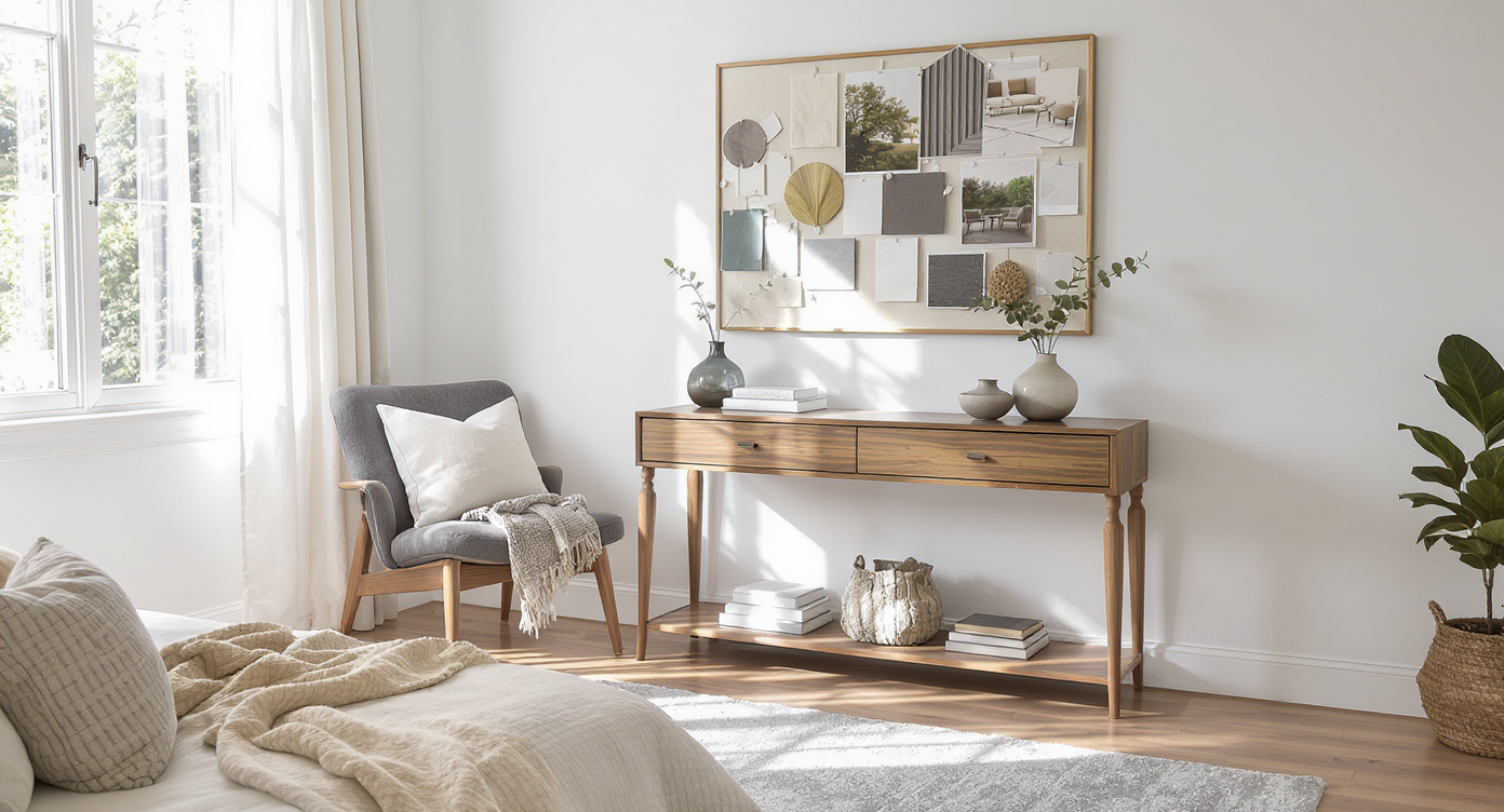 Well-lit modern guest room with an inspiration mood board above a console, showing real samples, cozy bed, and thoughtful décor, no people present.